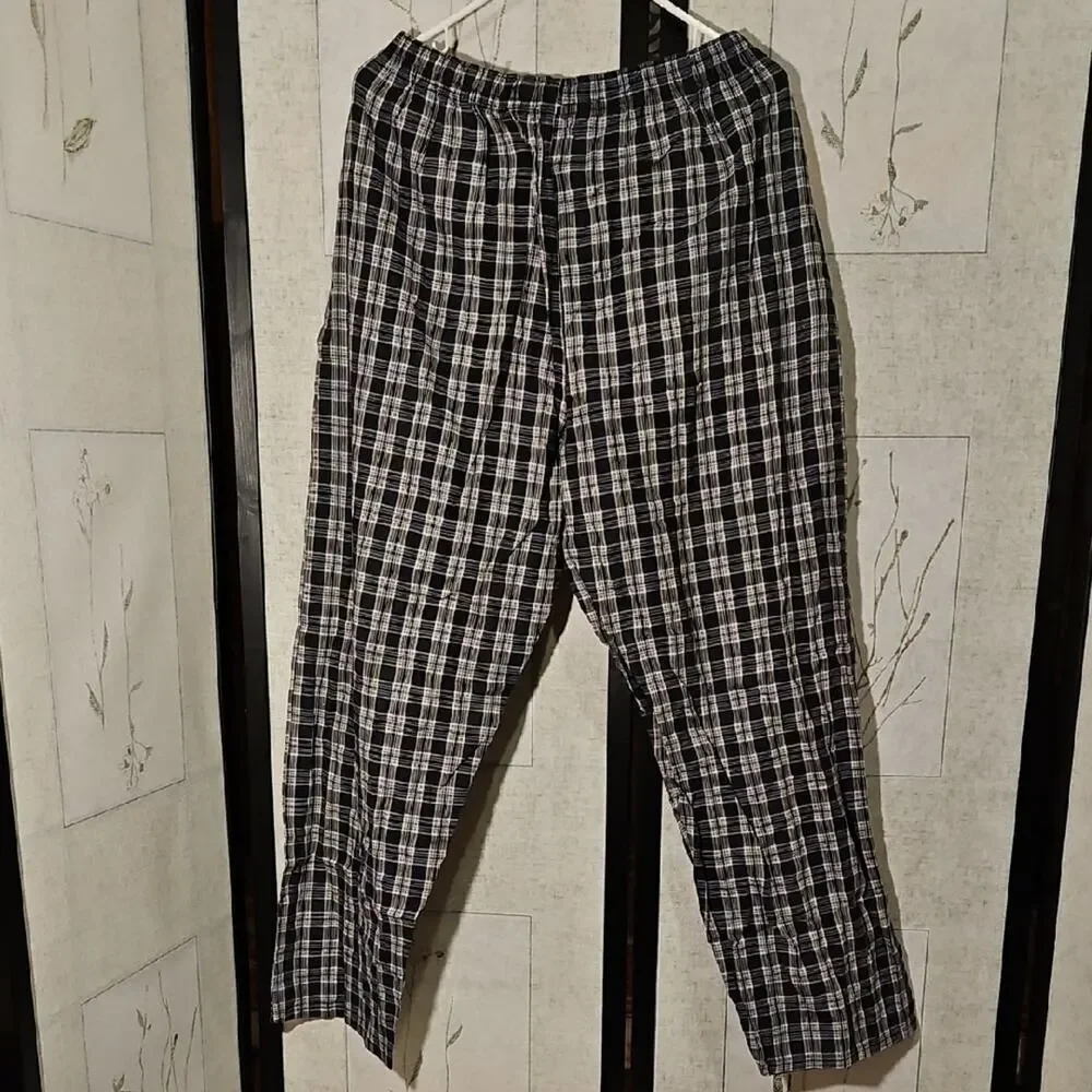 Black and White Pajama Pants with Checkered Design and Elastic Waistband